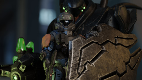 4_eyes 5_fingers ambiguous_gender armor battle_rifle battle_rifle_(halo) cannon duo faceless_character faceless_human fingers fuel_rod_cannon full_armor glowing glowing_eyes green_eyes gun headgear helmet holding_gun holding_object holding_ranged_weapon holding_rifle holding_weapon larger_ambiguous looking_at_viewer male multi_eye ranged_weapon rifle shield size_difference smaller_human smaller_male weapon silent_sfm halo_(series) microsoft xbox_game_studios alien colonial_organism human lekgolo mammal mgalekgolo spartan_(halo) 16:9 3d_(artwork) 4k absurd_res colored digital_media_(artwork) hi_res widescreen