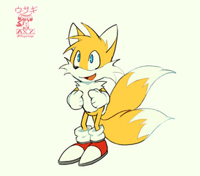 2_tails anthro bangs blue_eyes cheek_tuft clothing facial_tuft footwear gloves handwear male multi_tail shoes simple_background solo standing tail tuft white_background axy_usagi sega sonic_the_hedgehog_(series) miles_prower canid canine fox mammal watermark