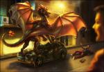 anthro attack book car chaos city clothing destroyed_vehicle destruction feral male membrane_(anatomy) membranous_wings scared stomping street tail vehicle wings red-izak mythology ric'axoarrth dragon human mammal mythological_creature mythological_scalie scalie