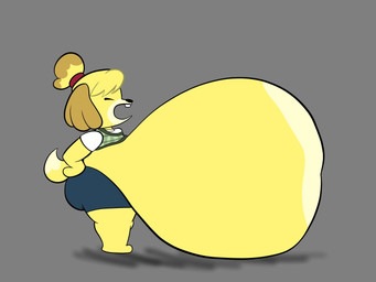 accessory anthro belly belly_overhang big_belly big_butt black_nose blonde_hair blue_bottomwear blue_clothing blue_skirt bottomwear breasts brown_ears buckteeth butt clothing dipstick_tail eyes_closed female green_clothing green_topwear green_vest grey_background hair hair_accessory hairband hand_on_hip hand_on_own_hip huge_belly hyper hyper_belly markings morbidly_obese morbidly_obese_anthro morbidly_obese_female obese obese_anthro obese_female open_mouth overweight overweight_anthro overweight_female red_hairband side_view simple_background skirt small_breasts solo tail tail_markings tan_tail_tip teeth thick_thighs topwear vest weight_gain yellow_body yellow_tail spectrotums animal_crossing nintendo isabelle_(animal_crossing) canid canine canis domestic_dog mammal shih_tzu toy_dog 2026 4:3 colored digital_media_(artwork) flat_colors hi_res