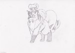 2_tails all_fours anthro blush duo fangs female feral hair heart_symbol male male/female markings multi_tail riding sabertooth_(anatomy) tail teeth kitsune_youkai asian_mythology east_asian_mythology inuyasha japanese_mythology mythology kirara_(inuyasha) shippou_(inuyasha) canid canine felid fox mammal nekomata yokai 2016 absurd_res hi_res monochrome