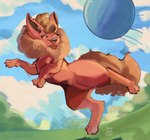 ball cloud day detailed_background feral fur grass open_mouth open_smile outside plant red_body red_fur sky smile solo tongue tongue_out conditional_dnp tohupo nintendo pokemon eeveelution flareon generation_1_pokemon pokemon_(species) 2024 dated digital_media_(artwork) hi_res signature