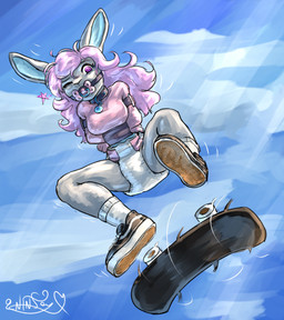 abdl action_pose anthro biped breasts clothed clothing collar_tag day diaper eyebrows female footwear gag hair kickflip long_hair medium_breasts one_eye_closed outside pacifier pacifier_gag pink_hair pose restraints shoes skateboard skateboard_trick sneakers socks solo straitjacket tan_body vehicle wearing_diaper aliaspseudonym bubbles_(rabbit) lagomorph leporid mammal rabbit 2025 hi_res