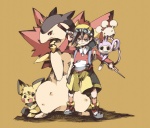 black_hair clothing feral group hair hat headgear headwear male pose red_eyes tail tail_hand team_pose unusual_anatomy unusual_tail azuzuhikaru nintendo pokemon ethan_(pokemon) aipom generation_2_pokemon human mammal pichu pokemon_(species) rodent typhlosion