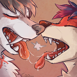 anthro bodily_fluids breath breathing close-up duo eyes_closed fangs fur grey_body grey_fur hair head_tuft kissing male male/male markings open_mouth panting red_body red_fur sabertooth_(anatomy) saliva simple_background teeth teeth_showing tongue tuft white_body white_fur felixdadragon dexus_(dexusdavisfur) semi_(ibexes) canid canine fox hyena mammal 1:1 digital_media_(artwork) hi_res shaded