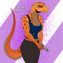 anthro breasts clothing fangs female gun handgun markings non-mammal_breasts pistol ranged_weapon red_eyes shirt solo spots spotted_body tail tank_top teeth topwear torn_clothing weapon abysstheposs april_(abysstheposs) scalie 1:1 2024 hi_res