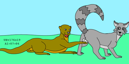 balls brown_body brown_fur duo feral fur genitals holding_another's_balls male male/male nude_male outside raised_tail sky smile standing tail toony touching_another urbanhermit mammal mustelid otter procyonid raccoon 2001 colored dated