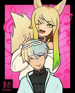 bangs blonde_hair blue_hair choker clothed clothing duo ear_piercing eyewear eyewear_on_head female female_humanoid fluffy fluffy_tail fully_clothed gesture glasses glasses_on_head green_hair hair hand_gesture inner_ear_fluff jewelry long_hair looking_at_viewer male male_humanoid multicolored_hair necklace one_eye_closed open_mouth piercing pink_background pointy_ears short_hair simple_background smile tail tongue tongue_out topwear tuft wink yellow_eyes borealhao dragonfoxxy hao_(borealhao) animal_humanoid canid canid_humanoid canine canine_humanoid fox_humanoid human humanoid mammal mammal_humanoid 2023 half-length_portrait hi_res portrait