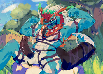 abs anthro ball_tuft balls barazoku black_penis blue_body bodily_fluids dripping erection exhibitionism fangs flexing flexing_bicep fur genital_fluids genitals glans grass harness looking_at_viewer male muscular muscular_male orange_body orange_fur outside pecs penis plant precum precum_drip solo tail_harness teeth tongue tuft fisherkitu nintendo pokemon ancient_pokemon apex_build_koraidon generation_9_pokemon koraidon legendary_pokemon paradox_pokemon pokemon_(species) absurd_res hi_res