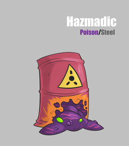 ambiguous_gender barrel bubble green_eyes grey_background grey_text metal metallic_body oozing pink_body purple_body purple_text simple_background simple_eyes sludge solo text warning_symbol white_text alorix fakemon nintendo pokemon goo_creature 2016