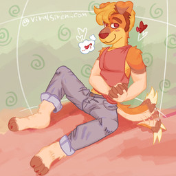 anthro barefoot blonde_hair blush bottomwear brown_eyebrows brown_hair clasped_hands clothed clothing denim denim_bottomwear denim_clothing eyebrows facial_hair feet floppy_ears folded_ears fully_clothed grey_bottomwear grey_clothing grey_jeans grey_pants hair heart_symbol hindpaw jeans looking_at_viewer male multicolored_hair pants paws pecs pink_blush red_clothing red_eyes red_nose red_shirt red_tank_top red_topwear shirt sideburns sitting smile smiling_at_viewer snout solo tail tail_motion tailwag tank_top thinking thought_bubble topwear two_tone_hair capegloam caleb_(capegloam) canid canine canis domestic_dog mammal 1:1 2021 digital_drawing_(artwork) digital_media_(artwork) pictographics
