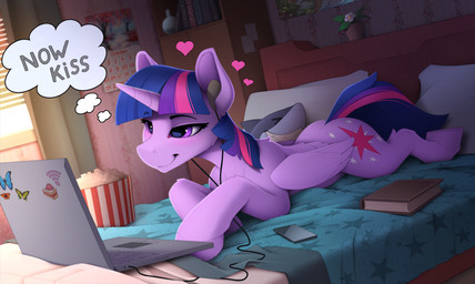 bed book computer cutie_mark detailed_background earbuds electronics female feral food furniture hair headphones heart_symbol horn laptop on_bed popcorn purple_eyes purple_hair solo text thought_bubble wings yakovlev-vad friendship_is_magic hasbro my_little_pony mythology now_kiss twilight_sparkle_(mlp) equid equine mammal mythological_creature mythological_equine winged_unicorn 2022 colored english_text hi_res