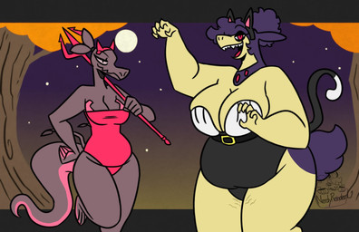 anthro big_breasts breasts cat_outfit cat_tail clothing demon_outfit duo female fur grey_body grey_scales holidays leotard long_tail paw_bra pink_body pink_eyes pink_scales purple_body purple_eyes purple_fur scales scut_tail short_tail stretch_marks tail thick_thighs wide_hips yellow_body yellow_fur nerdyreindeer halloween nintendo pokemon aversa_(nerdyreindeer) drew_(nerdyreindeer) generation_7_pokemon generation_8_pokemon hisuian_form hisuian_typhlosion pokemon_(species) regional_form_(pokemon) salazzle hi_res