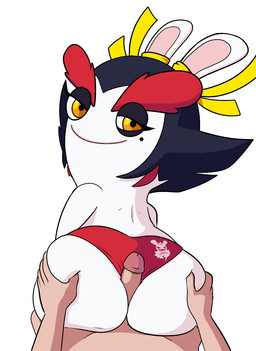 anthro big_butt black_eyeshadow black_hair butt butt_grab clothed clothing duo eyebrows eyelashes eyeshadow female first_person_view fur genitals hair hand_on_butt hot_dogging looking_at_viewer looking_back looking_back_at_viewer makeup male male/female mole_under_eye panties panties_only penis red_clothing red_panties red_underwear sex simple_background smile tan_body tan_skin thick_eyebrows topless underwear underwear_only white_background white_body white_fur wide_hips yellow_eyes impstripe raving_rabbids rayman_(series) ubisoft kanya_(mario_plus_rabbids) human lagomorph leporid mammal rabbid rabbit hi_res