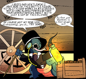 ambiguous_gender bottle box cane clothing container dialogue feral hat headgear headwear monacle potion snake_oil solo speech_bubble text top_hat transformation_potion vehicle wagon wheel thepatchedragon kobold scalie english_text