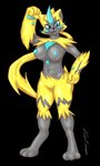 anthro big_breasts blue_eyes breasts digitigrade female flexing fur fuzzy genitals looking_at_viewer navel nipples nude pose pussy smile solo standing three-quarter_view yellow_body yellow_fur shin_kerron nintendo pokemon fan_character felid generation_7_pokemon legendary_pokemon mammal pokemon_(species) zeraora absurd_res alpha_channel digital_media_(artwork) hi_res signature