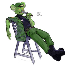 anthro belt black_clothing black_footwear boots bottomwear camo camo_print chair claws clothed clothing dog_tags footwear fur furniture green_body green_clothing green_fur hat headgear headwear holding_knife holding_object humanoid_hands jacket knife looking_at_viewer male military military_uniform open_clothing open_jacket open_topwear pants red_eyes shirt shoes simple_background sitting smile soldier solo teeth topwear uniform warrior weapon white_background tokocofi happy_tree_friends flippy_(htf) fliqpy_(htf) bear mammal absurd_res hi_res