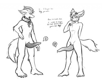 big_penis bodily_fluids broken_chain chain claws collar comparing comparing_penis dialogue duo erection genital_fluids genitals heart_symbol horn looking_at_genitalia looking_at_penis male nude penis penis_envy penis_size_difference precum simple_background stinger surprised tapering_penis text toe_claws vein veiny_penis packmind bastion_packmind alien jaggard english_text monochrome