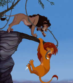 4_toes back_scar bared_teeth black_claws black_mane blue_sky claws duo eyebrows feet feral fur iris male mane orange_body orange_fur outside philtrum pupils quadruped red_eyes red_mane red_nose scar side_view sky snout tail tail_tuft tan_body tan_fur toes tuft yellow_sclera kodaac disney the_lion_king nuka_(the_lion_king) simba_(the_lion_king) felid lion mammal pantherine hi_res