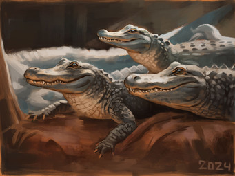 ambiguous_gender feral green_body green_scales group lying mud multicolored_body multicolored_scales scales sharp_teeth teeth two_tone_body two_tone_scales white_body white_scales alexpahomov crocodilian reptile scalie 2024 4:3 digital_media_(artwork) digital_painting_(artwork) hi_res painting_(artwork)