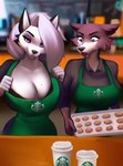 anthro apron big_breasts blurred_background breast_envy breast_size_difference breasts brown_body brown_fur clothed clothing coffee_cup container cookie cookie_tray cup duo female food fur green_apron green_clothing grey_body grey_fur hair looking_at_breasts looking_at_viewer purple_eyes red_sclera staring_at_chest white_eyes white_hair aozee beastars helluva_boss mythology starbucks juno_(beastars) loona_(helluva_boss) canid canid_demon canine canis demon hellhound mammal mythological_canine mythological_creature wolf 2023 hi_res