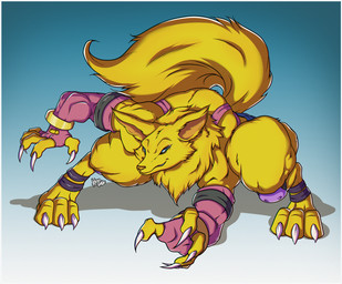 anthro arm_warmers armwear blue_eyes bottomwear bra claws clothed clothing crossdressing crouching denim denim_clothing femboy fur legwear male muscular muscular_anthro muscular_femboy muscular_male open_mouth shorts solo torn_clothing transformation underwear yellow_body yellow_fur kanogetz bloody_roar konami hans_taubemann canid canine fox mammal