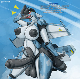 aircraft anthro balls big_breasts blush breasts camo cloud dialogue erection genitals gesture gynomorph intersex looking_aside looking_away machine nipples penis salute simple_background sky smile solo text ukrainian_flag vehicle wings kakothecruiser living_aircraft living_machine living_vehicle 2026 digital_media_(artwork) hi_res ukrainian_text trans_(lore) trans_woman_(lore)