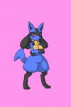 2:3 absurd_res anthro blush breasts canid canine female full-length_portrait generation_4_pokemon hi_res kewon lucario mammal medium_breasts nintendo nipples pink_background pokemon pokemon_(species) portrait red_eyes simple_background solo standing