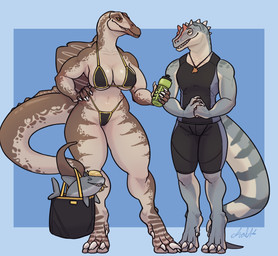 anthro bag beverage bikini bikini_thong bikini_top breasts brown_body brown_scales carrying_another claws cleavage clothed clothing container cup digitigrade duo female grey_body grey_scales head_crest jewelry male necklace non-mammal_breasts sail_(anatomy) scales simple_background size_difference swimwear tail toe_claws two-piece_swimsuit chalkgrams allosaurid allosauroid allosaurus dinosaur fish marine prehistoric_species reptile saurischian scalie shark spinosaurid spinosaurus theropod absurd_res hi_res