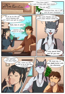 anthro beard cafe clothing coat dialogue drinking duo facial_hair female fur green_eyes grey_body grey_fur hair male male_human messy_hair mustache ponytail purple_eyes stubble text topwear yellow_eyes narusewolf amy_(apsidalmosaic) rick_(apsidalmosaic) domestic_cat felid feline felis human mammal comic digital_media_(artwork) english_text hi_res