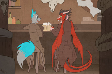 2_horns alcohol anthro back_wings bar beer beverage biped black_hair black_nose bone bottomwear brown_bottomwear brown_clothing brown_coat brown_pants brown_topwear chair clothed clothing coat container cup duo eye_contact fluffy fluffy_tail fur furgonomics furniture grey_body grey_fur hair holding_container holding_cup holding_mug holding_object horn inside looking_at_another male membrane_(anatomy) membranous_wings mug on_chair open_mouth open_smile pants rear_view red_body red_scales scales short_hair sitting sitting_on_chair sitting_on_stool skull smile tail teeth tongue topwear wings yellow_sclera fuf european_mythology mythology ambiguous_species canid canine dragon mammal mythological_creature mythological_scalie scalie western_dragon 2018 3:2
