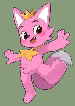 3_toes 4_fingers anthro balls blush crown fangs feet fingers fur genitals happy headgear humanoid_genitalia humanoid_penis jewelry looking_at_viewer male necklace open_mouth penis pink_body pink_fur raised_leg simple_background soles solo spread_arms star_necklace tail teeth toes white_body white_fur young young_anthro young_male manmosu_marimo third-party_edit pinkfong_(character) canid canine fox mammal 2024 censor_removal_edit