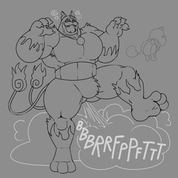 2_tails 3_toes 4_fingers anthro biped claws dizzy_eyes duo fart fart_fetish feet finger_claws fingers grey_background long_tail male multi_tail muscular muscular_male open_mouth open_smile simple_background smile tail text toes anothermeekone level-5 yo-kai_watch cheeksqueek 1:1 absurd_res hi_res monochrome