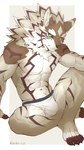 anthro athletic athletic_anthro athletic_male black_sclera blush bottomwear brown_body brown_fur bulge clothed clothing ear_piercing fur looking_at_viewer male piercing solo striped_body striped_fur stripes tail topless topless_anthro topless_male underwear white_body white_fur korilov lifewonders tokyo_afterschool_summoners seth_(tas) canid canine canis jackal mammal 2024 absurd_res hi_res