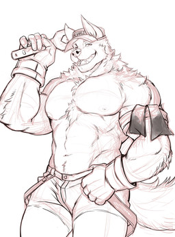 5_fingers anthro areola arm_tuft armband belly_tuft biceps big_tail biped bottomwear button_(fastener) cheek_tuft chest_tuft clothing deltoids elbow_tuft facial_tuft fangs fingers fluffy fluffy_tail forearm_muscles gloves handwear hat headgear headwear holding_object holding_tool holding_wrench humanoid_hands looking_at_viewer male muscular muscular_anthro muscular_arms muscular_male navel neck_tuft nipples open_mouth open_smile pecs pointy_ears prick_ears raised_arm shorts simple_background smile snout solo standing straps tail teeth text text_on_clothing text_on_hat text_on_headwear three-quarter_view tongue_showing tools triceps tuft wearing_gloves wearing_hat white_background wrench purtropos echo_(game) echo_(series) echo_project leo_alvarez canid canine canis mammal wolf digital_media_(artwork) english_text guide_lines hi_res monochrome portrait sketch three-quarter_portrait
