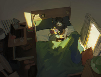2_horns alarm_clock anthro bed bedding bedroom black_clothing black_shirt black_t-shirt black_topwear blanket blue_clothing blue_shirt blue_t-shirt blue_topwear clock clothing coffee_cup computer container cup curtains desk duo electronics fan_(object) footwear furniture heater horn hug hugging_another laptop light light_beam male male/male morning pillow shirt shoes slippers sunbeam sunlight t-shirt table tissue_box topwear under_covers window typpicle mythology border_collie canid canine canis collie domestic_dog dragon herding_dog mammal mythological_creature mythological_scalie pastoral_dog scalie sheepdog absurd_res hi_res