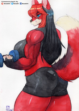 anthro big_breasts bodily_fluids breasts butt butt_pose clothed clothing dumbbell exercise female fur muscular muscular_female pose red_body red_fur simple_background solo sweat weightlifting weights white_background workout murazaki sawyer_(end_of_et3rnity) canid canine canis mammal wolf absurd_res hi_res painting_(artwork) traditional_media_(artwork) traditional_painting_(artwork) traditional_watercolor_(artwork) watercolor_(artwork)