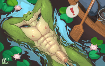 abs anthro balls boat duo eyes_closed flaccid floating_on_water foreskin genitals hands_behind_head humanoid_genitalia humanoid_penis lily_pad lying male muscular muscular_anthro muscular_male nipples nude on_back outside pecs penis plant relaxing smile solo_focus speech_bubble swimming vehicle water watercraft prismalic alligator alligatorid crocodilian reptile scalie digital_media_(artwork) hi_res painting_(artwork)