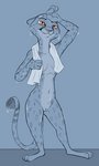 anthro blue_background breasts dripping female fur genitals markings navel pussy simple_background smile solo spots spotted_body spotted_fur standing towel wet tggeko disney zootopia kii_catano cheetah felid feline mammal 2020