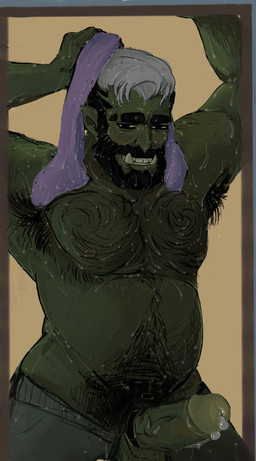 accessory armpit_hair balls beard bodily_fluids body_hair chest_hair cock_ring facial_hair genital_piercing genitals hairy_balls humanoid_genitalia humanoid_penis jewelry male messy musclegut muscular penis penis_accessory penis_jewelry penis_piercing piercing prince_albert_piercing pubes solo sweat wet pupcatnip humanoid orc absurd_res hi_res