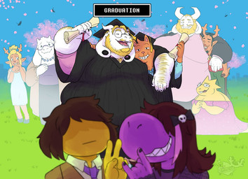 2_horns anthro antlers arm_over_shoulder beard belly big_belly big_moobs blonde_beard blonde_facial_hair blonde_hair brown_body brown_fur brown_hair can cane cherry_blossom clothing container devil_horns_(gesture) ear_piercing eyes_closed eyewear facial_hair female flower fur gesture glasses graduation graduation_cap graduation_robe grin grinning_at_viewer group hair hand_gesture horn huge_belly male moobs morbidly_obese morbidly_obese_anthro morbidly_obese_male obese obese_anthro obese_male open_mouth outside overweight overweight_anthro overweight_female overweight_male piercing pink_clothing pink_shirt pink_tongue pink_topwear plant ponytail prunus_(flower) purple_body sharp_teeth shirt smile smiling_at_viewer standing teeth tongue topwear v_sign white_body white_fur widewobblyproductions deltarune undertale undertale_(series) alphys asgore_dreemurr asriel_dreemurr burgerpants kris_dreemurr noelle_holiday rudolph_holiday susie_(deltarune) toriel bovid caprine deer goat human mammal