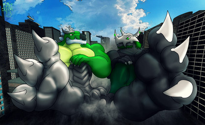 anthro city cybernetics duo facial_hair feet horn machine macro male muscular muscular_male perspective_shot simply-a_watcher bandai_namco digimon drei grockle cyborg digimon_(species) kaiju stegosaurian_humanoid wargreymon absurd_res hi_res