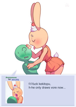 anthro blush bodily_fluids female female_pred imminent_vore profanity saliva taunting text tongue uvula vore kekitopu anon keki_(kekitopu) lagomorph leporid mammal rabbit digital_media_(artwork) english_text hi_res multiple_images