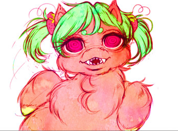 eyebrows female female_feral feral front_view fur green_eyebrows green_hair hair hooves loli monotone_body monotone_fur open_mouth pigtails pink_body pink_eyes pink_fur ringed_eyes sharp_teeth simple_background smile solo teeth tied_hair white_background yellow_hooves young young_female young_feral le_saturna fluffy_pony fluffy_pony_(species) mammal 2021 digital_media_(artwork) english_description