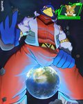 anthro arwing bulge clothed clothing corneria low-angle_view macro male meteor planet planet_dwarfing sitting_on_planet terra_macro arexualex nintendo star_fox falco_lombardi fox_mccloud avian bird canid canine fox mammal 2020 4:5 hi_res