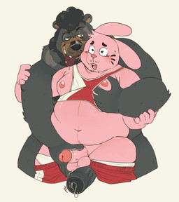 anthro balls blush bodily_fluids braces breast_grab breasts clothed clothing duo erection eyewear genital_fluids genitals glans glasses green_eyes hand_on_breast male male/male nipples open_mouth overweight overweight_anthro overweight_male partially_clothed penis precum questionable_consent tongue tongue_out topwear underwear undressing wearing_glasses 7thmeta cartoon_network the_amazing_world_of_gumball richard_watterson steve_jovonovich bear lagomorph leporid mammal rabbit ursine absurd_res hi_res