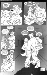 anthro balls bodily_fluids canid canine canis comic cooner cum dialogue domestic_dog duo english_text erection genital_fluids genitals greyscale hand_on_butt hi_res male male/male mammal mastiff molosser monochrome muscular muscular_male penis rottweiler tail text url