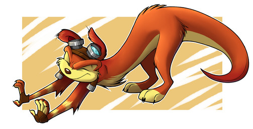 abstract_background chest_tuft clothing eyewear eyewear_on_head feral fingerless_gloves fur gloves goggles goggles_on_head handwear male multicolored_body multicolored_fur orange_body orange_fur paws solo stretching toony tuft two_tone_body two_tone_fur cotatoo jak_and_daxter naughty_dog sony_corporation sony_interactive_entertainment daxter mammal mustelid ottsel digital_media_(artwork) hi_res