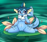 3_toes 4_fingers black_nose blue_body blue_eyes blue_markings blue_skin blue_tail detailed_background ear_fins eyelashes featureless_chest featureless_crotch feet female fin fingers flower kneeling lily_pad long_tail markings navel nude plant semi-anthro smile solo spread_legs spreading tail tail_fin thick_tail toes water hashu nintendo pokemon fan_character showers_the_vaporeon eeveelution generation_1_pokemon mammal pokemon_(species) vaporeon digital_media_(artwork)