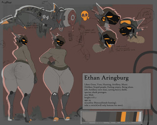 anthro armor big_butt bodily_fluids bottomless bottomless_anthro bottomless_male butt character_description clothed clothing color_swatch cybernetics fangs freckled_butt freckles front_view headgear helmet machine male male_anthro orange_eyes orange_mouth rear_view saliva shark_tail solo sweater symbol tail teeth text text_box thick_thighs tongue tongue_out topwear turtleneck visor ace0t0nic ethan_(humbug) aquatic fish hybrid protogen shark absurd_res english_text hi_res model_sheet